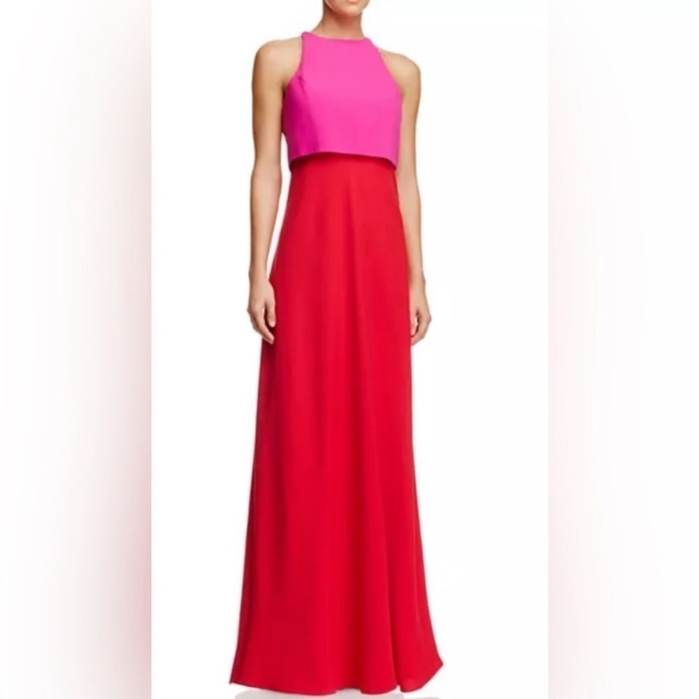 Jill Jill Stuart | Lovely Color Block Duo Maxi Gown in Begonia Pink/Poppy Red  2